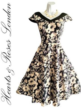 H&R London's Fantasy Floral off Shoulder Black and Cream Fit-and-Flare Dress- 12